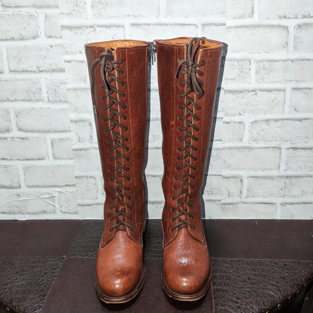 Vntg Frye Vienna Tall Brown Genuine Leather Lace Up Knee High Vintage Zip Boots - Picture 13 of 15